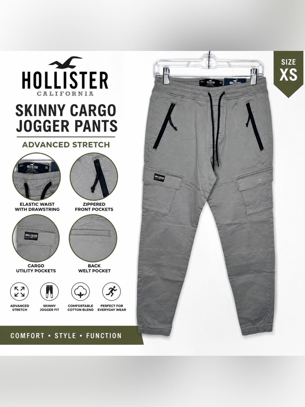 Hollister Advanced Stretch Skinny Cargo Jogger Pants Gray XS Zip Pocket Utility